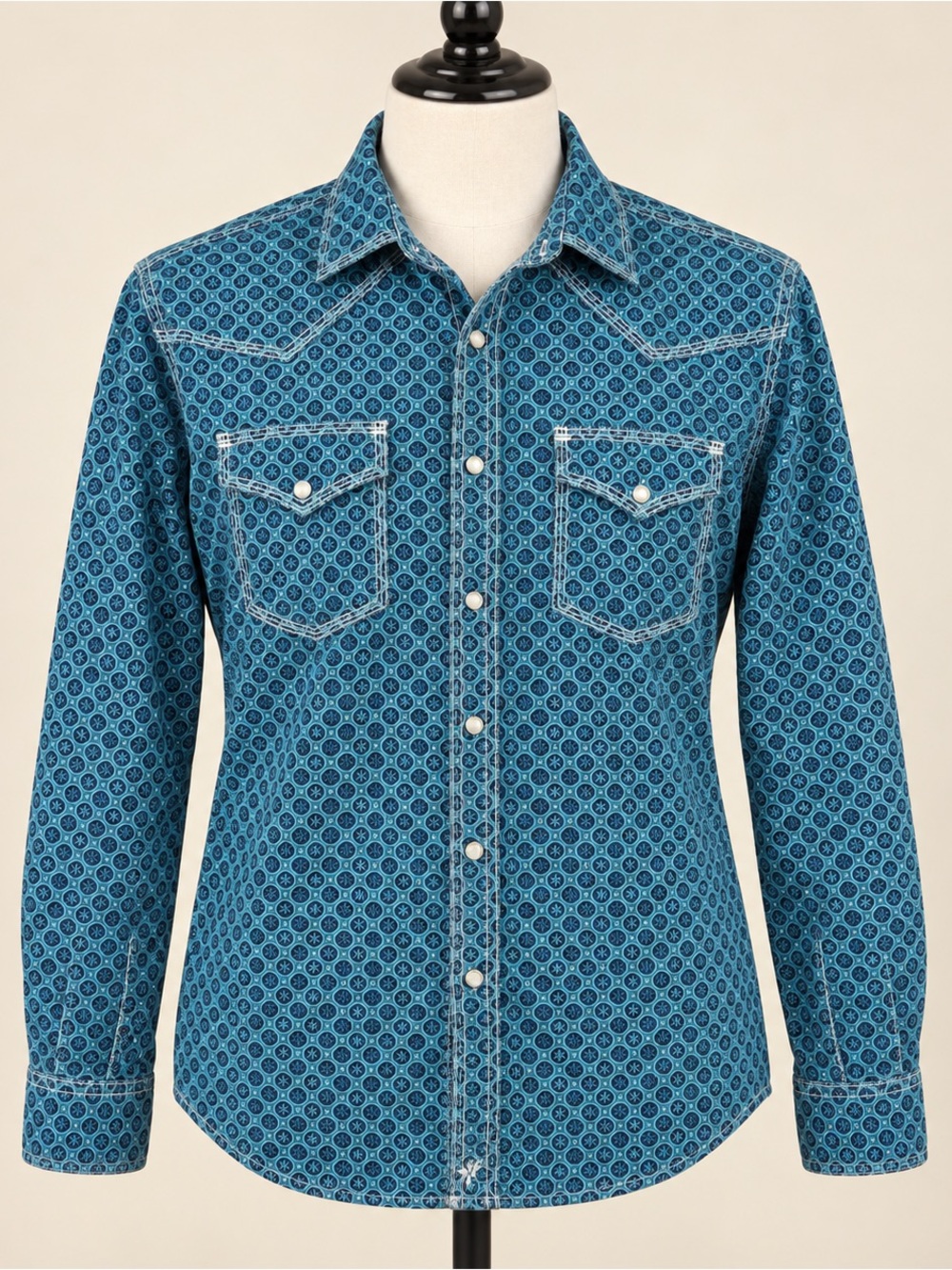 Men’s Western Pearl Snap Geometric Shirt Blue Wrangler 20X Medium